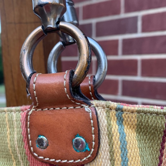 Gently Used Fossil - Colorful Striped Cloth Handbag with Braided Leather Handles - Picture 4 of 16
